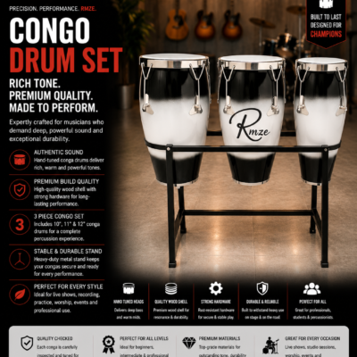 Rmze 3-piece black and white wooden Congo drum set with 10 11 and 12 inch drums and rack stand