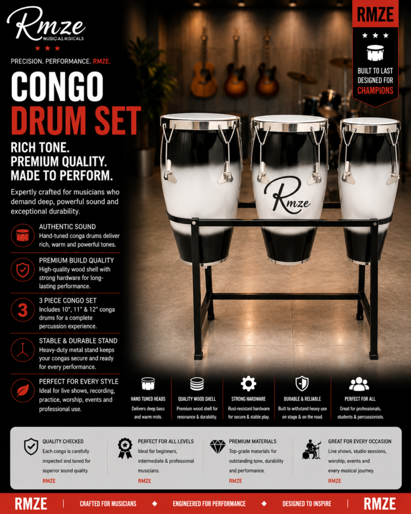 Rmze 3-piece black and white wooden Congo drum set with 10 11 and 12 inch drums and rack stand