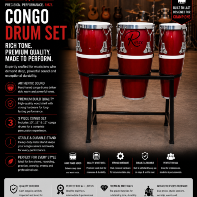 Rmze 3-piece red wooden Congo drum set with 10 11 and 12 inch drums and rack stand