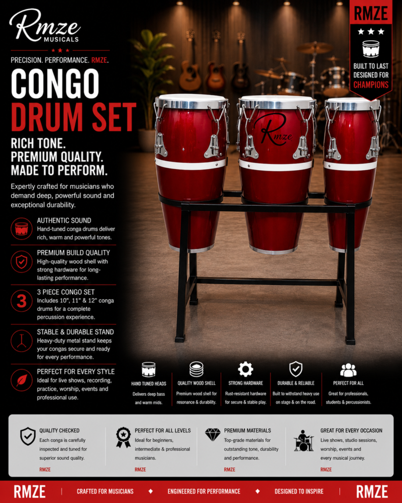 Rmze 3-piece red wooden Congo drum set with 10 11 and 12 inch drums and rack stand