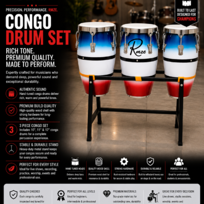 Rmze 3-piece blue white and red wooden Congo drum set with 10 11 and 12 inch drums and rack stand