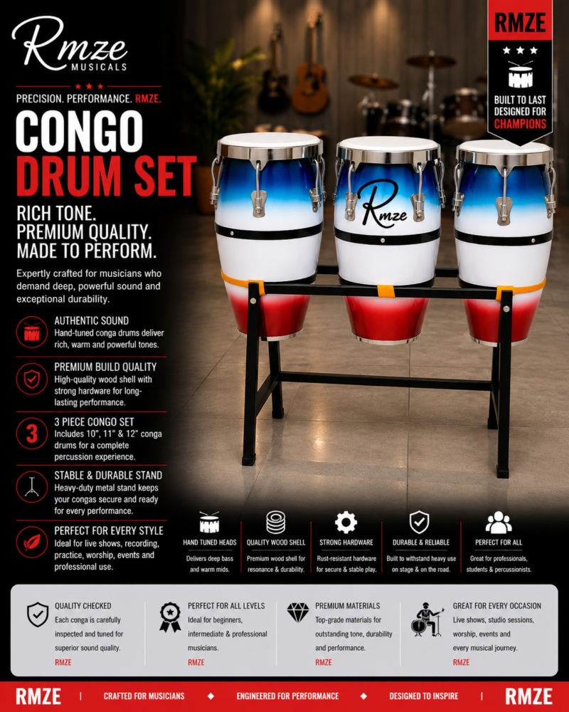 Rmze 3-piece blue white and red wooden Congo drum set with 10 11 and 12 inch drums and rack stand