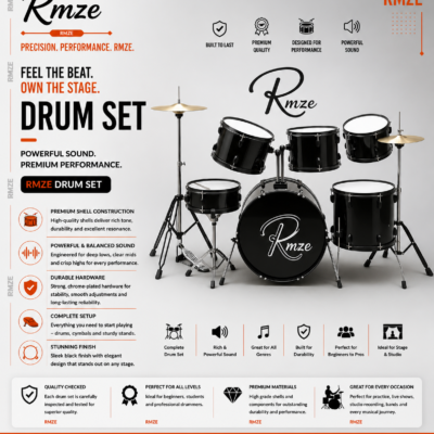 Rmze premium acoustic drum set complete black drum kit with cymbals and hardware
