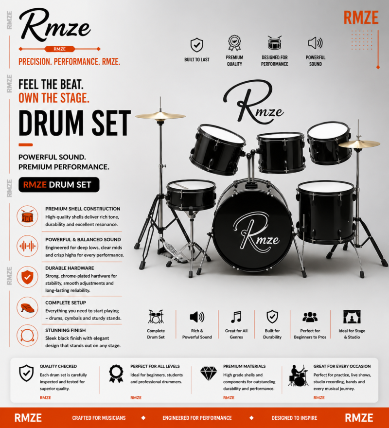 Rmze premium acoustic drum set complete black drum kit with cymbals and hardware