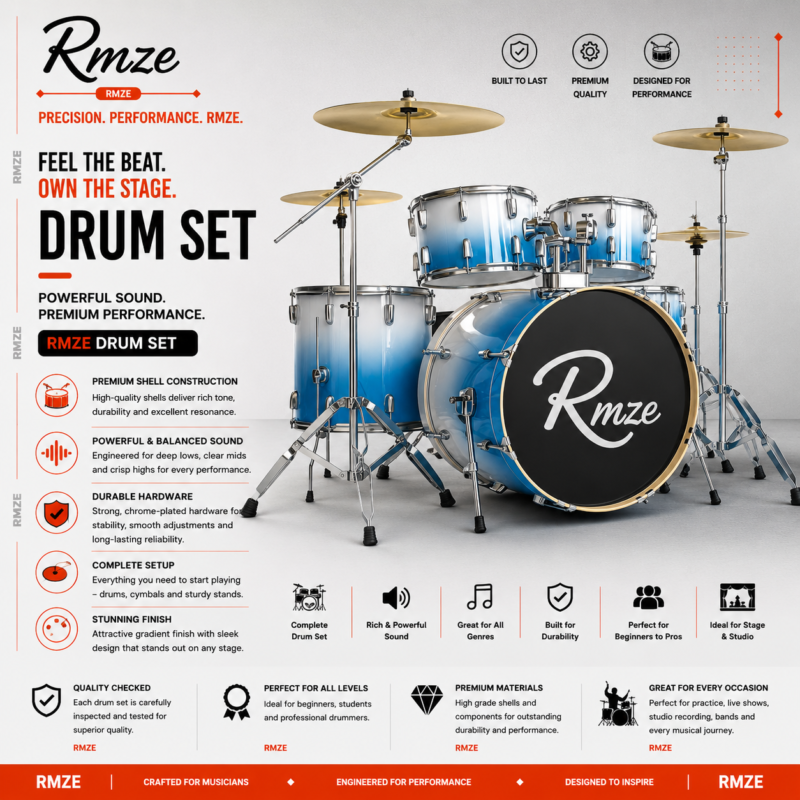 Rmze premium acoustic drum set complete black drum kit with cymbals and hardware
