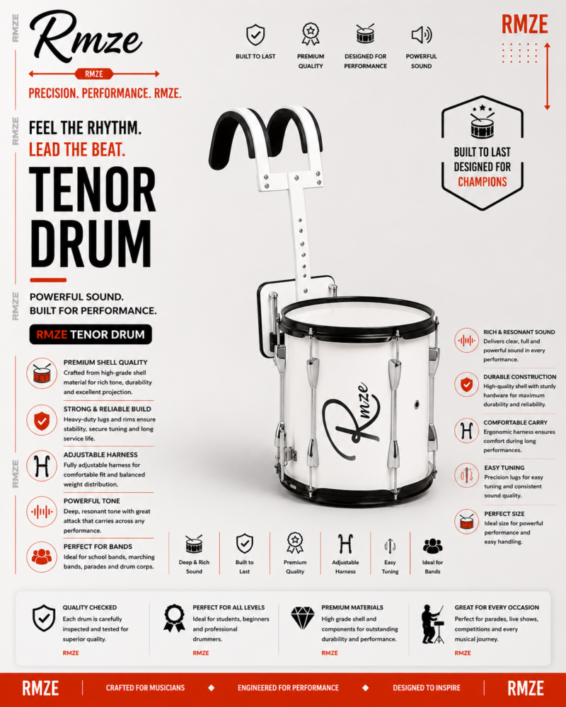 Rmze 14 inch tenor drum with adjustable shoulder harness for marching bands