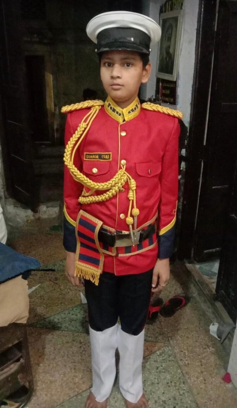 Kids Band Uniform Dress – Red School Band Costume with Cap & Accessories for Boys