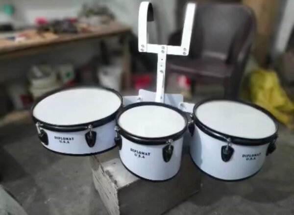 Triple Marching Tom Drum Set with Stand – White Parade Drum Set for School Band, Events & Practice