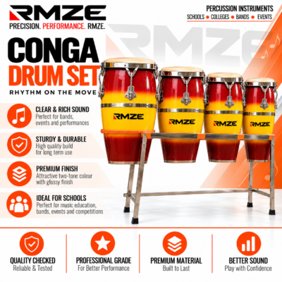 RMZE 4-piece red conga drum set with stand for schools, bands, events and music performances