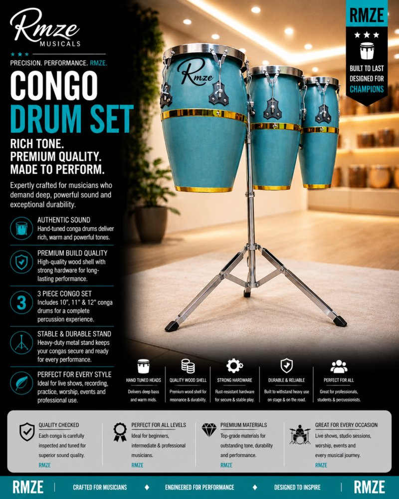 Rmze 3-piece blue wooden Congo drum set with 10 11 and 12 inch drums and stand