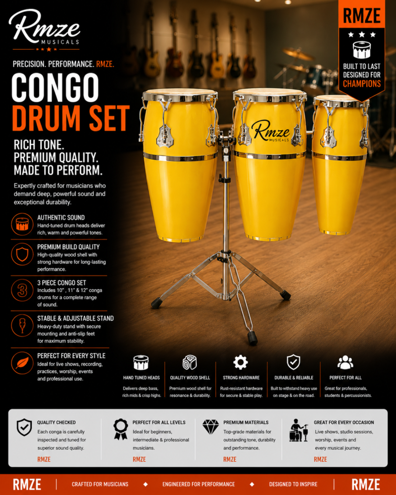 Rmze Yellow Congo Drum Set – Premium Handcrafted 3-Piece Conga Set with Stand - Musical Instrument