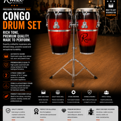 Rmze 2-piece red wooden Congo drum set with 10 and 11 inch drums and adjustable stand