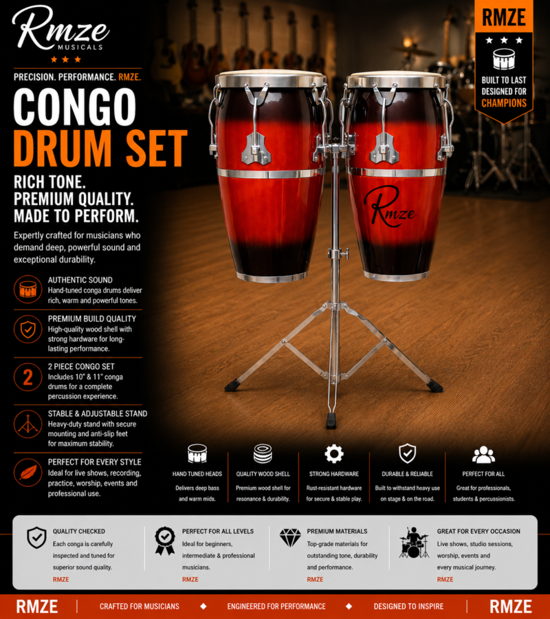 Rmze 2-piece red wooden Congo drum set with 10 and 11 inch drums and adjustable stand
