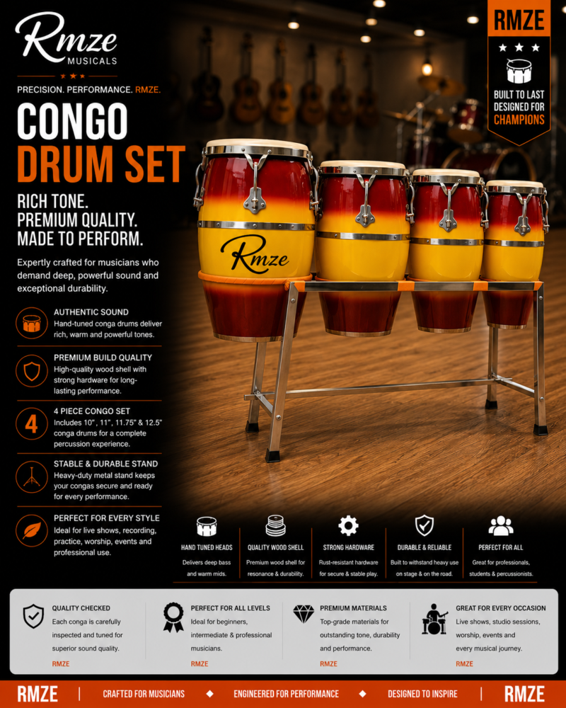 Rmze 4-piece blue and gold wooden Congo drum set with 10 11 11.75 and 12.5 inch drums and rack stand