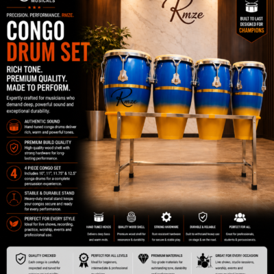 Rmze 4-piece blue and gold wooden Congo drum set with 10 11 11.75 and 12.5 inch drums and rack stand