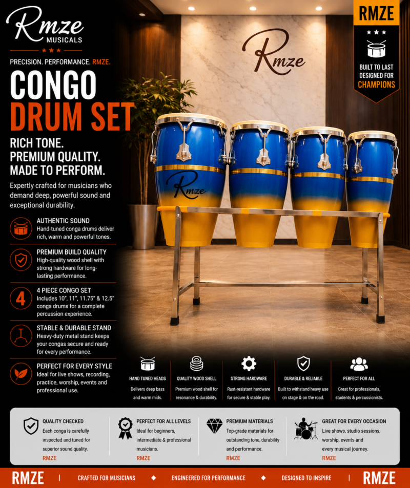 Rmze 4-piece blue and gold wooden Congo drum set with 10 11 11.75 and 12.5 inch drums and rack stand