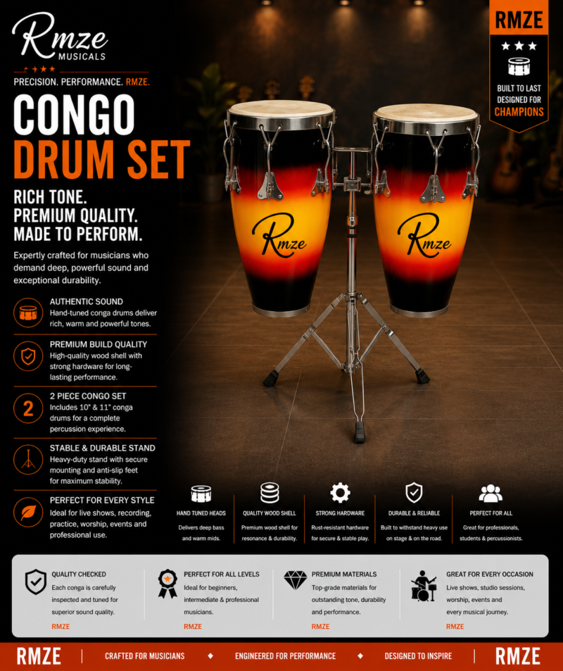 Rmze 2-piece wooden Congo drum set with 10 and 11 inch drums and adjustable stand