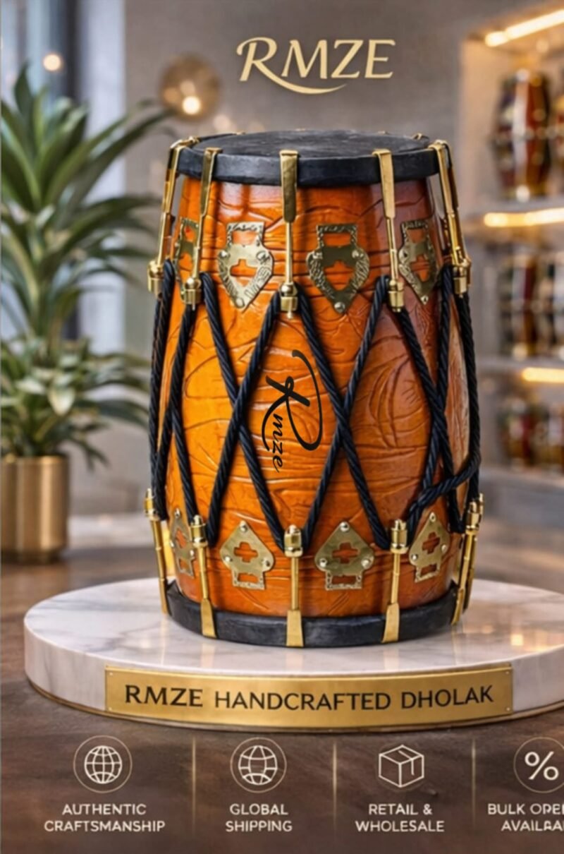 RMZE Handcrafted Dholak – Premium Wooden Drum with Rich Bass | Professional Percussion Instrument | Wholesale & Worldwide Shipping