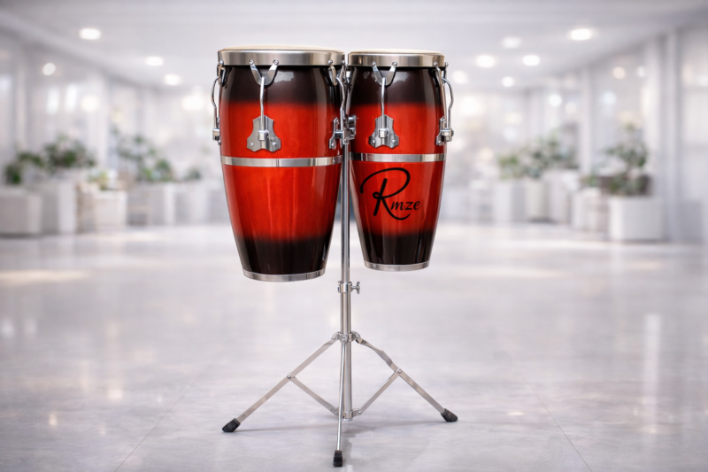 Rmze Red Burst Congo Drum Set with Stand – Professional Dual Conga Percussion Instrument for Stage, Studio & Live Performance - Musical Instrument