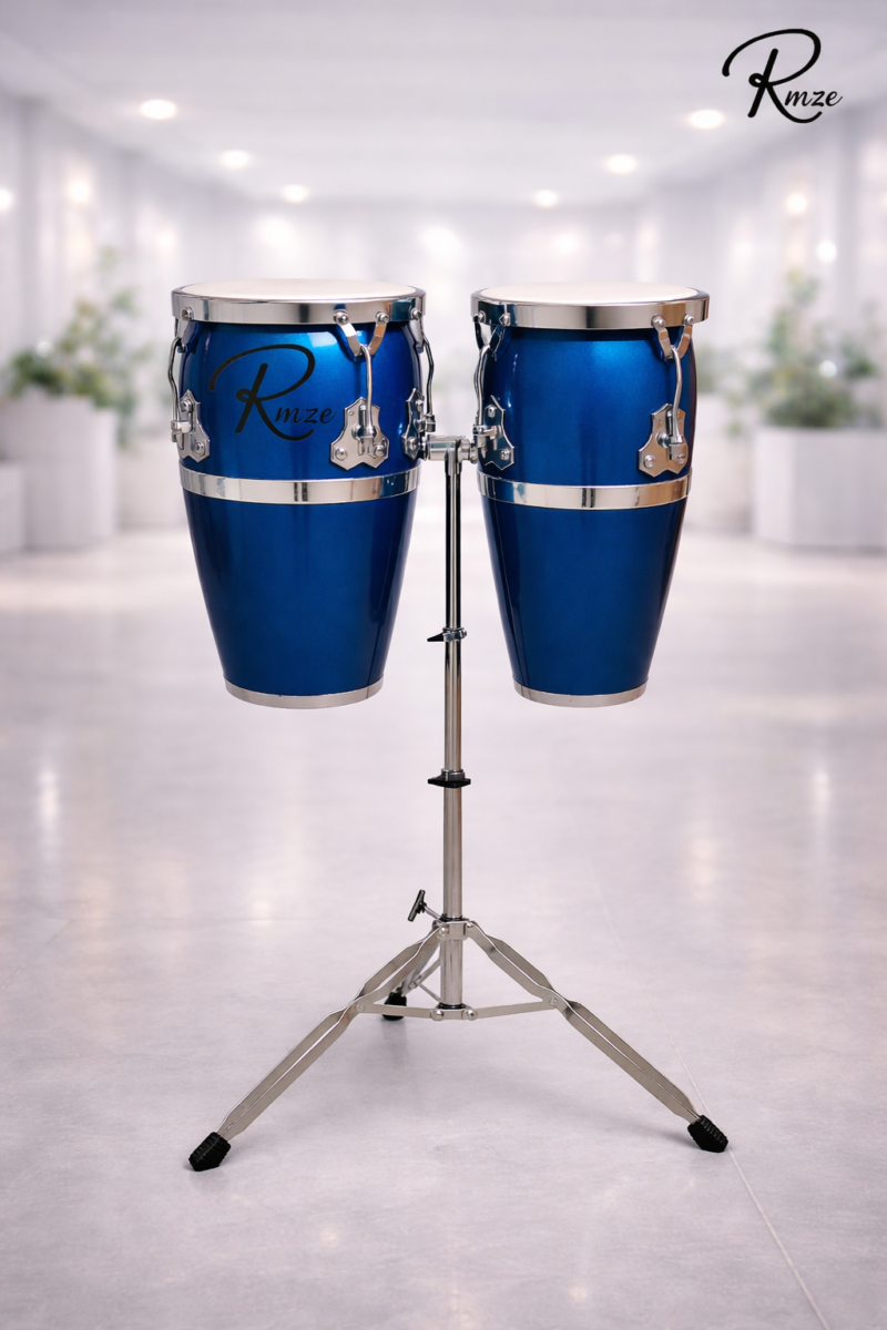 Rmze Blue Congo Drum Set with Stand – Professional Dual Conga Percussion Instrument for Stage, Studio & Live Performance - Musical Instrument