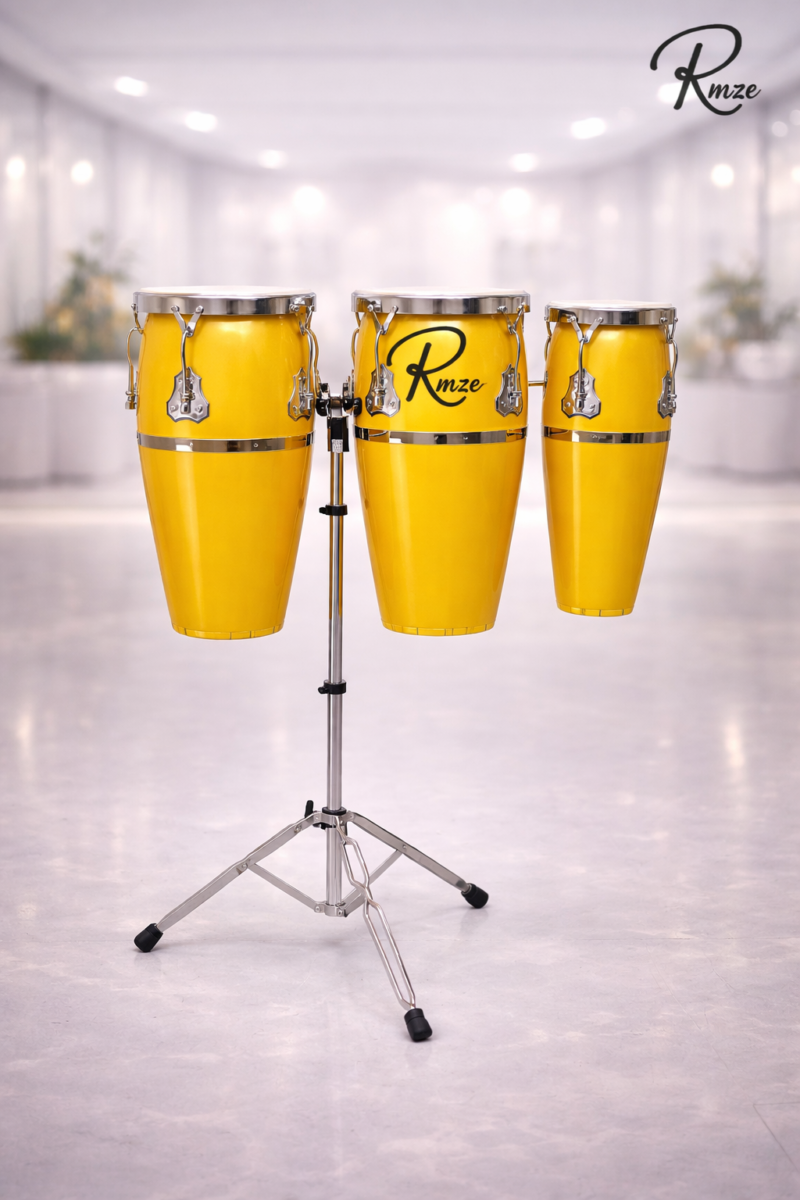 Rmze Yellow Congo Drum Set – Premium Handcrafted 3-Piece Conga Set with Stand - Musical Instrument