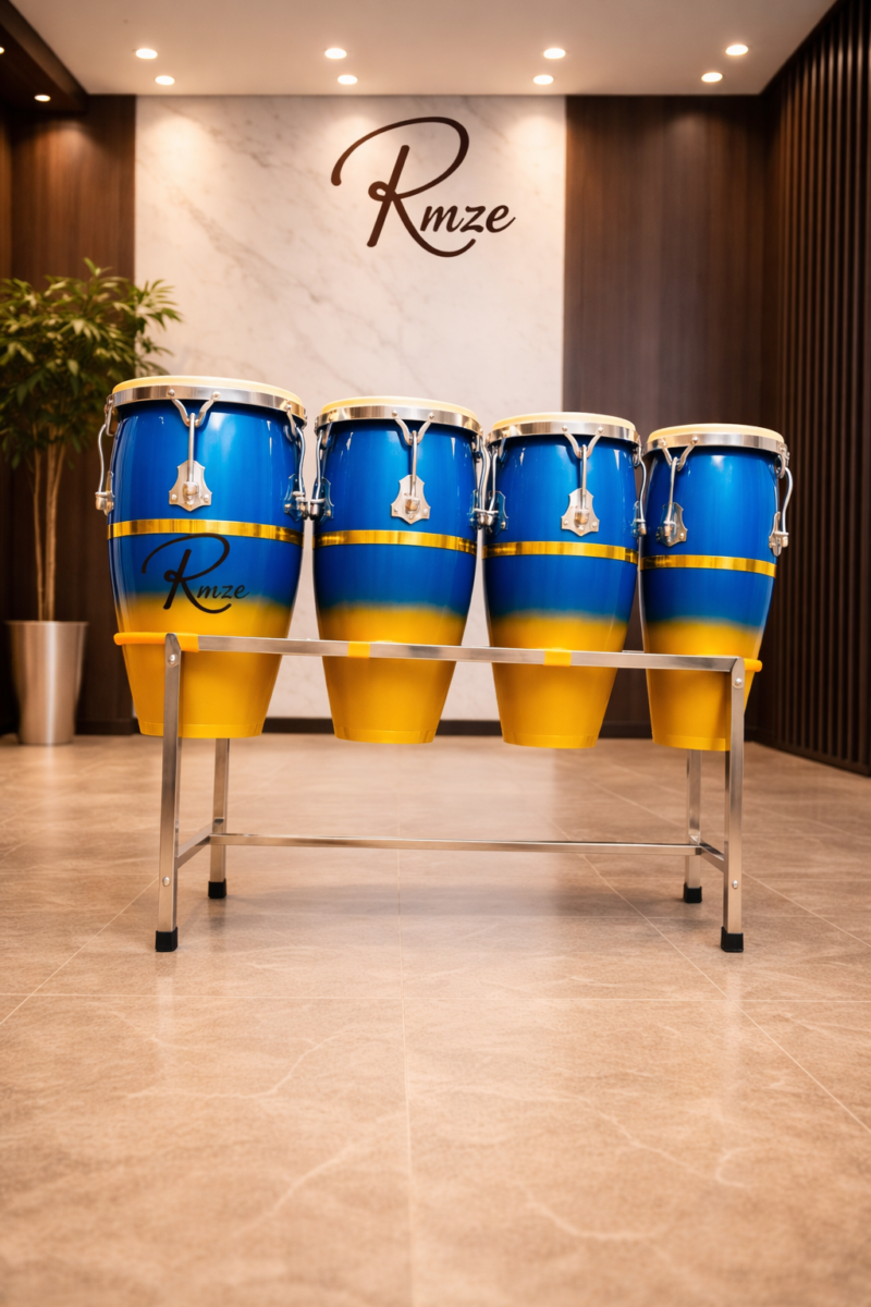 Rmze Blue-Yellow Congo Drum Set – Premium Handcrafted 4-Piece Conga Set with Stand - Musical Instrument