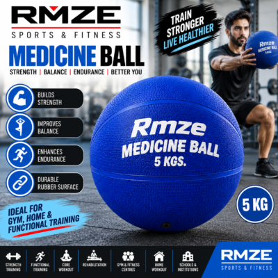 Rmze 5 KG blue medicine ball with durable rubber surface for strength and functional training
