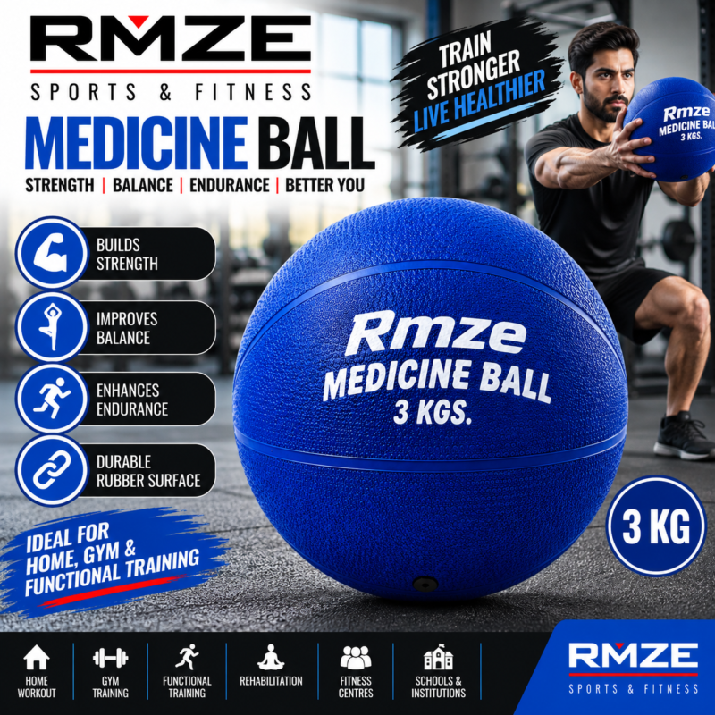 Rmze 3 Kg blue medicine ball with durable rubber surface for strength and functional training