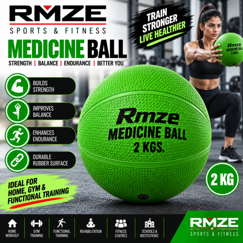 Rmze 2 KG green medicine ball with textured rubber surface for strength and functional training