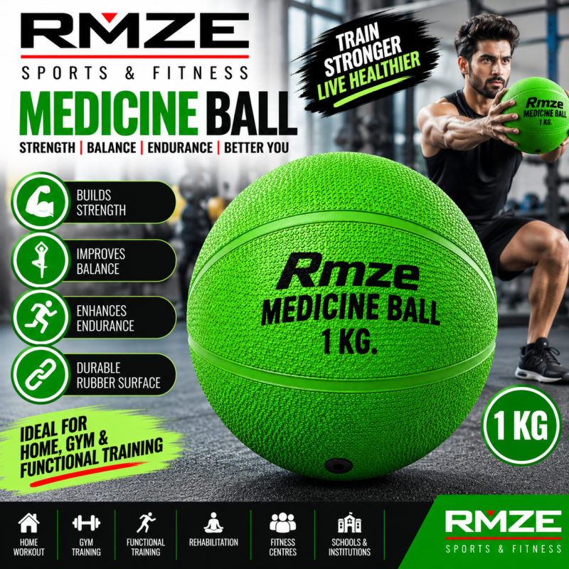 Rmze 1 kg green medicine ball with textured rubber surface for strength and functional training
