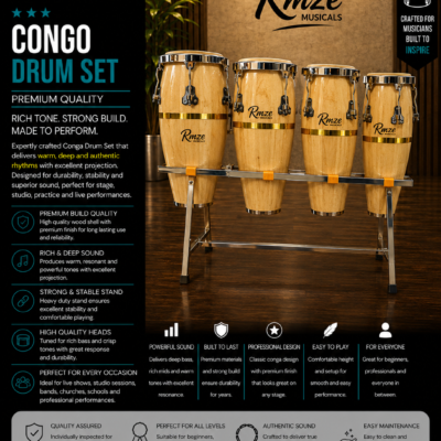 Rmze 4-piece natural wood Congo drum set with heavy duty metal rack stand