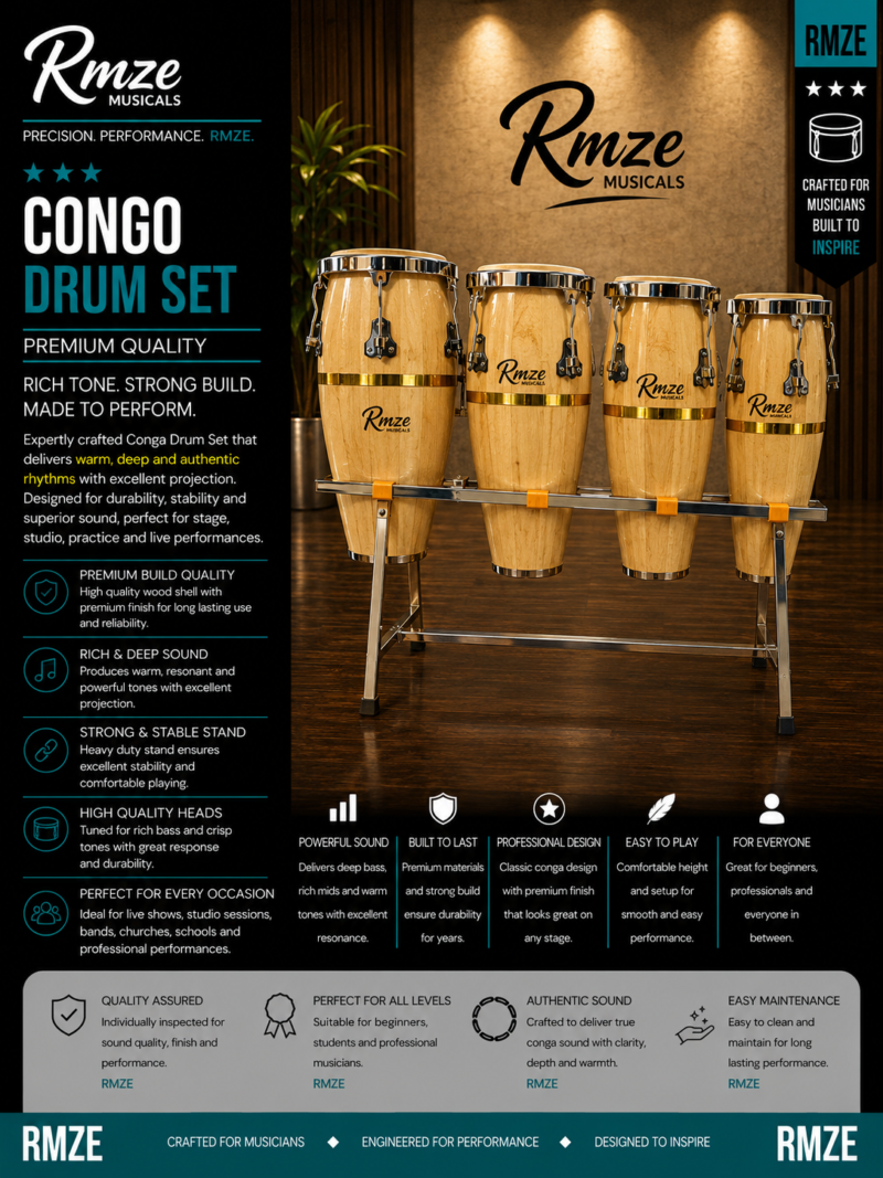 Rmze 4-piece natural wood Congo drum set with heavy duty metal rack stand