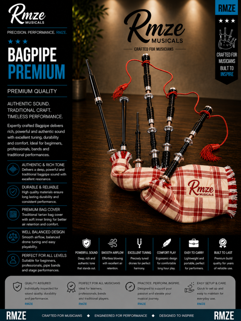 Rmze Scottish bagpipe with traditional wood pipes and bag