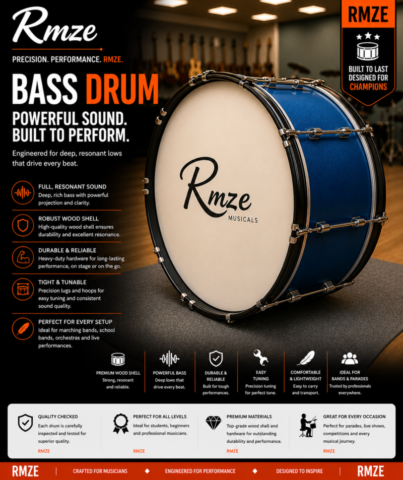 Rmze premium blue bass drum with robust wood shell and heavy duty hardware
