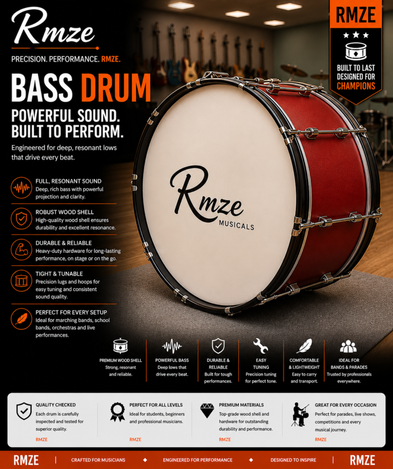 Rmze premium red bass drum with robust wood shell and heavy duty hardware