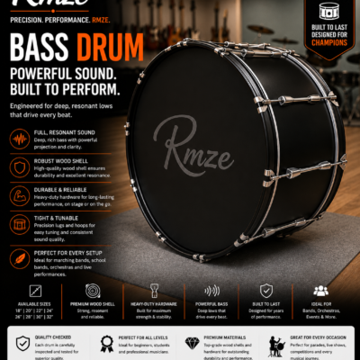 Rmze premium black bass drum with robust wood shell and heavy duty hardware