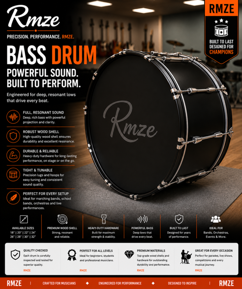 Rmze premium black bass drum with robust wood shell and heavy duty hardware