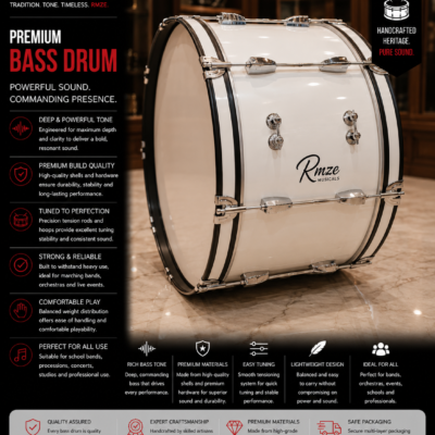 Rmze premium bass drum with white gloss finish and chrome hardware
