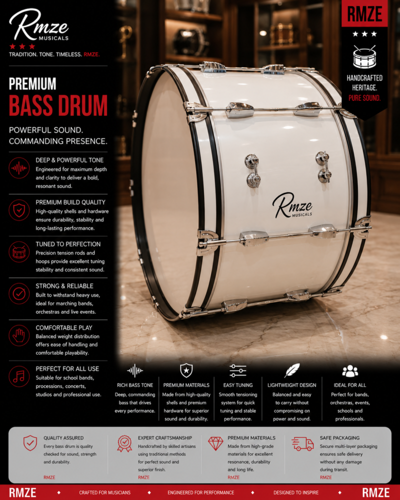 Rmze premium bass drum with white gloss finish and chrome hardware