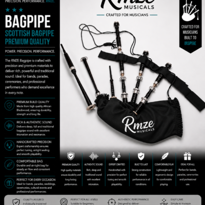Rmze black Scottish bagpipe with traditional wood pipes and bag