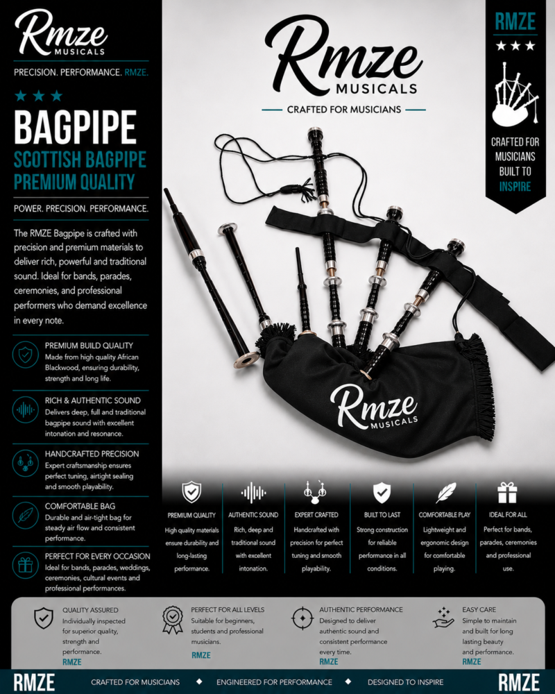Rmze black Scottish bagpipe with traditional wood pipes and bag