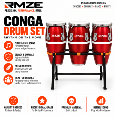 RMZE 3-piece red conga drum set with stand for schools, bands, events and music performances