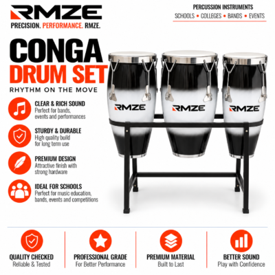 RMZE 3-piece black and white conga drum set with stand for schools bands and events