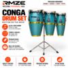 RMZE 3-piece turquoise blue conga drum set with gold accents and stand for schools bands and events