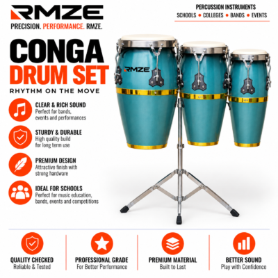 RMZE 3-piece turquoise blue conga drum set with gold accents and stand for schools bands and events