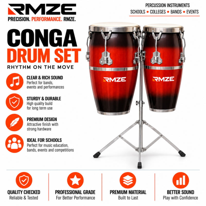 RMZE 2-piece red and black conga drum set with stand for schools bands and performances