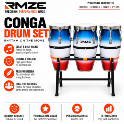 RMZE 3-piece blue white and red conga drum set with stand for schools bands and events
