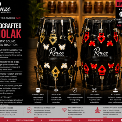 Rmze handcrafted black wooden dholak with decorative metal detailing