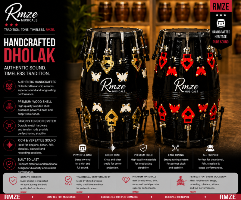 Rmze handcrafted black wooden dholak with decorative metal detailing