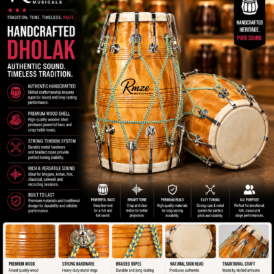 Rmze handcrafted wooden dholak with natural skin heads and rope tuning